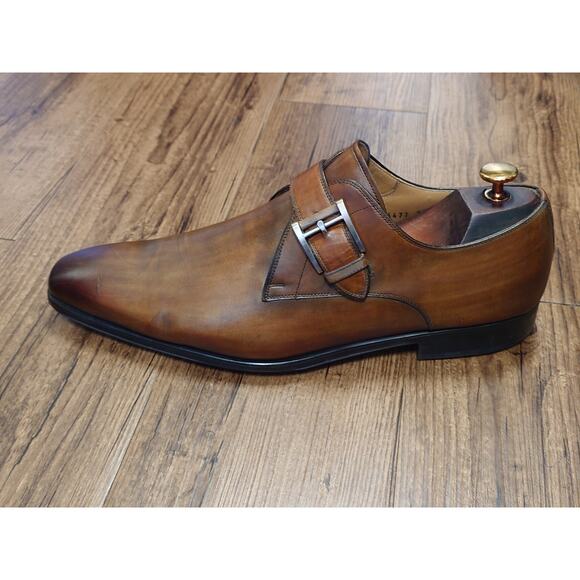 Magnanni Men’s Monk Strap 11.5M Brown Burnished Leather Dress Shoes